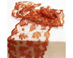Tafelloper - Esdoornblad tafelloper - Herfsttafelloper - Woondecoratie - 33 x 183 cm - Tafelloper met esdoornblad en kant - Oranje tafelloper - Tafelloper met kant- voor de herfst/Thanksgiving/Halloween - Feestelijke decoratie