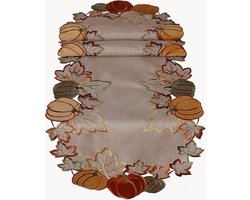 Tafelloper - Herfst - Pompoenen - Ecru - Bruin - oranje - groen - bladeren - gouddraad - 40 x 140 cm