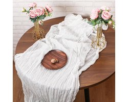 Tafelloper kaasdoek boho rustieke gaasstof groen-wit 90 x 300 cm - set van 4 - semi-transparant - saliegroen - bruidsfeest verjaardag