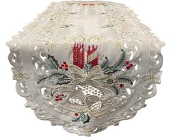 Tafelloper - Kerst - Crèmekleur met rode kaars - Kaarsen en bellen - Loper 110 cm