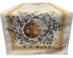 Tafelloper Kerst - Gobelinstof - Creme met Kerstroos - Kaars - Mistletoe - Maretak - Kerstballen - 45 x 140 cm