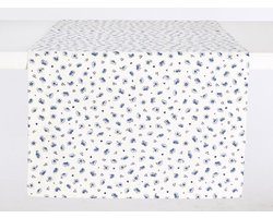 Tafelloper Laura - 45 x 150 cm - 100% katoen - wit met blauw - blauwe bloemen