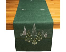 Tafelloper – Linnenlook – Donkergroen – Moderne Kerstbomen in Goud en Zilver – 40 x 140 cm