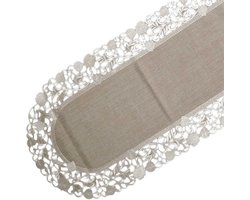 Tafelloper - Linnenlook - Taupe met blaadjes - Loper 90 cm