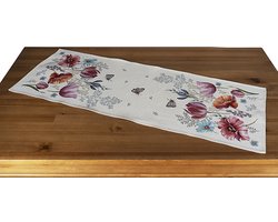 Tafelloper - luxe gobelin stof - creme met bloemen - Tulpen - Klaproos en andere bloemen - vlinders - 35 x 100 cm