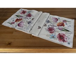 Tafelloper - luxe gobelin stof - creme met bloemen - Tulpen - Klaproos en andere bloemen - vlinders - 45 x 140 cm