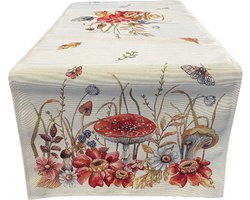 Tafelloper - luxe gobelinstof - Herfst - Paddestoelen en herfstbloemen- 45 x 140 cm