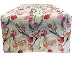 Tafelloper - luxe gobelinstof - Tulpen - Tulipanes - Rood - Geel - Oranje - Loper 45 x 140 cm