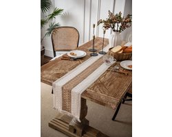 Tafelloper - Macramé - Katoen en linnen - Tafelkleed - Tafeldecoratie - Eettafel decoratie - Rustieke boho bruiloft decoratie - Beige - Geschikt voor thuis keuken - Modern vintage - Kwastjes - Wasbaar - 30 x 120 cm