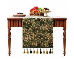 Tafelloper met Bloemenprint en Franjes – Katoen – Vintage Stijl – Decoratieve Tafelloper voor Eettafel en Woonkamer(33*180cm)