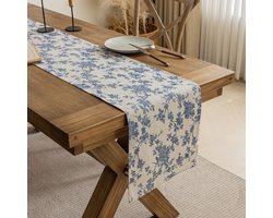 Tafelloper met bloemenprint - Tafelloper - Tafelkleed van katoen en linnen - Tafeldecoratie - Lange tafelloper - 30*220 cm - Katoen en linnen - Witte en blauwe
