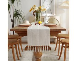 Tafelloper met kwastjes in landelijke stijl - Lengte 240 cm - Handgeborduurde tafelloper met kwastjes - Tafelloper in Boheemse stijl - Geschikt voor feesten, als decoratie voor de kaptafel en als decoratie voor de eetkamer (33x240cm)
