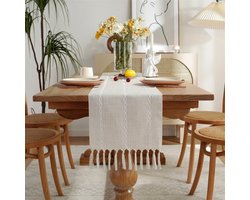 Tafelloper met kwastjes in landelijke stijl - Lengte 330 cm - Handgeborduurde tafelloper met kwastjes - Tafelloper in Boheemse stijl - Geschikt voor feesten, als decoratie voor de kaptafel en als decoratie voor de eetkamer (33x330cm)