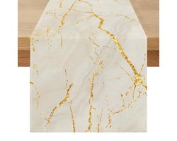 Tafelloper Modern Lente Zomer Wit Goud 40 x 100 cm Linnen Tafelloper Marmer Gouden Textuur Abstracte Kunst Tafelloper voor Koffie, Eetkamer, Dressoir, Bijzettafel, Slaapkamer