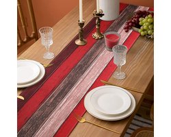 Tafelloper modern woonkamer 40 x 140 cm en placemats 45 x 32 cm rood en bruin hout strepen linnenlook tafelloper outdoor weerbestendig boerderij tafelkleed placemats placemats voor tuin eettafel