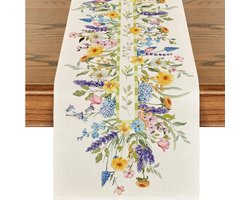 Tafelloper - Paas tafelloper - Pasen decoratie - Tafelloper met lentebloemen - Paastafelloper - Hoogwaardig linnen - Lentetafeldecoratie voor keuken - Eetkamer - Feest - Pasen - 33x183 cm - Pasen