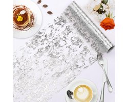 Tafelloper, pailletten glitter metallic folie dunne mesh tafelloper rol, middelpunt tafeldecoratie voor bruiloft verjaardagsfeestje babyshower lente pasen huisdecor,zilver,28CM*900CM