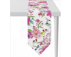 Tafelloper Summertime roze - 175 x 25 - 100% katoen - witte tafelloper met zomerse bloemen