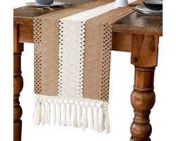 Tafelloper - tabel loper - kleine tafelloper - bohemian stijl tafelloper - voor feest- en eetdecoraties - Boho kwast geborduurde tafellopers - Elegante tafel decoratie op tafelkleed of tafellaken - Katoen en linnen - 30 x 180 cm - bruin
