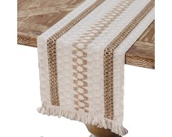 Tafelloper - tabel loper - Tafelloper van katoen linnen - jute tafelloper met kwastjes voor tafeldecoratie - ruitvormige tafelloper van henneptouw - tuinfeest , bruiloft , bohemian , kerstmis - wit en bruin - 30 x 180 cm
