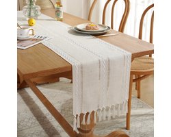 Tafelloper - Tafelloper in Boheemse stijl - Tafelloper met opengewerkte kwastjes - Tafelkleed - Herbruikbaar - Wasbaar - Geschikt voor feesten, verjaardagen, Valentijnsdag, bruiloften, enz. - 33 x 183 cm - Gebroken wit