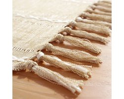 tafelloper- tafelloper katoen- tafelkleed- Tafelkleed in landelijke stijl - Geweven gestreept linnen tafelkleed met kwastjes - Geschikt voor eetkamer, keuken, leeskamer, kaptafel en decoratie (Amandelgeel - 33*275cm - Inclusief kwastjes)