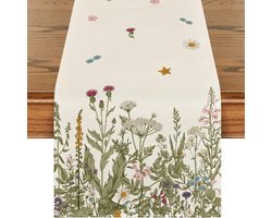 Tafelloper - Tafelloper met lentebloemen - Paastafelloper - Hoogwaardig linnen - Lentetafeldecoratie voor keuken - Eetkamer - Feest - 33x183 cm - Antieke kruiden en wilde bloemen