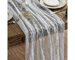 Tafelloper Tule met Glitters – Wit Zilver – 70 x 300 cm – Elegante tafeldecoratie voor feest, bruiloft of verjaardag