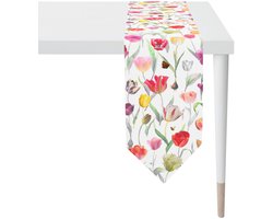 Tafelloper Tulpen - 100% katoen - 175 x 25 cm - apelt - Witte Tafelloper met tulpen