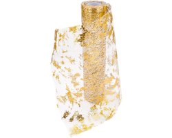 Tafelloper van gaas met gouden versieringen, 28cm x 9m, metalen afwerking, geschikt voor feesten, vieringen, verjaardagen, bruiloften, Kerstmis, babyshowers, doe-het-zelfactiviteiten, enz.