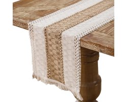 Tafelloper van katoen en linnen - jute tafelloper - met kwastjes - voor restauranttafeldecoratie , familiefeest , bruiloft , kerstmis - bohemian - neutraal Boheems tafelkleed - wit en kaki - 30 x 240 cm