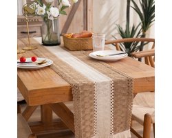 Tafelloper van katoen en linnen - jute tafelloper - met kwastjes - voor restauranttafeldecoratie , familiefeest , bruiloft , kerstmis - bohemian - neutraal Boheems tafelkleed - wit en kaki - 30 x 180 cm