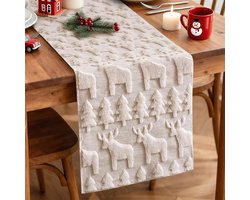 Tafelloper van korte wol, fluweel, voor Kerstmis, 40 x 100 cm, kerstdecoratie voor eettafel, keuken, boerderij (beige, kerstboom en hert)