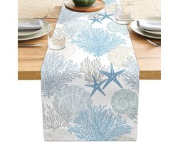 Tafelloper van linnen met kustmotief, 13x71 inch, blauwgroen, zomerstrand, nautisch, modern, keuken, eettafel, rustieke salontafel, dressoir voor thuis, vakantie, feestdecoratie (Blue71)