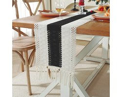 Tafelloper van tweekleurig gestikt katoen en linnen - 30x240cm neutrale tafelloper in bohemian stijl - geweven boerderijdecoratie - geschikt voor tafeldecoratie, bruiloften, feesten en decoratie van kaptafels