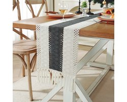 Tafelloper van tweekleurig gestikt katoen en linnen - 30x240cm neutrale tafelloper in bohemian stijl - geweven boerderijdecoratie - geschikt voor tafeldecoratie, bruiloften, feesten en decoratie van kaptafels