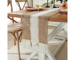Tafelloper van tweekleurig gestikt katoen en linnen - 30x350cm neutrale tafelloper in bohemian stijl - geweven boerderijdecoratie - geschikt voor tafeldecoratie, bruiloften, feesten en decoratie van kaptafels