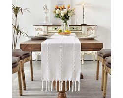 Tafelloper - Vintage tafelloper - Koffietafelkleed van imitatiekatoen en linnen - 183 x 33 cm - Tafelkleed - Wit - Tafelloper van katoen- en linnenmix - Met kwastjes - Tafeldecoratie in rustieke stijl - 1 stuk - Gemakkelijk schoon te maken