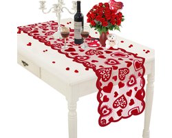 Tafelloper voor Valentijnsdag - Rode kanten tafelloper - Geschikt voor bruiloften en Valentijnsdagdecoraties - Romantische woondecoratie - Hartvormige tafelloper - 33*183 cm