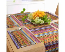 Tafellopers en placemats met Mexicaans ontwerp - folkloristisch, vintage, geometrisch, kleurrijk - set van 4 stuks, 180 x 40 cm, oranje en magenta.
