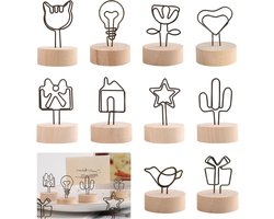 Tafelnummerhouders met Houten Basis - Set van 10 stuks | Fotohouders voor Tafels | Tafelnaamhouders voor Feest, Kantoor, Restaurant | Metalen Tafelnummerstandaards met Notitiecliphouder