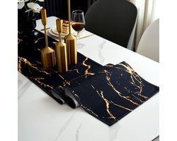 Tafelrunner Zwart Goud Modern Marmer 40x140cm - Wasbaar Linnen Tafelkleed voor Eettafel en Salontafel
