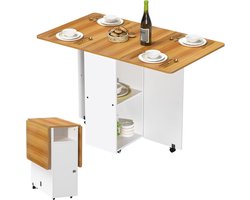 Tafels - Bruine/gele klaptafel op wieltjes - Houten klapbijzettafel met plank - Houten uitschuifbare eettafel, geschikt voor de keuken, woonkamer en kleine ruimtes
