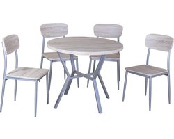 Tafelset Rouen, 4 stoelen - sonoma eik decor - Poldimar - Ronde eettafels 90cm - Bruin; Zilver - MDF; Staal - Ronde eettafels 90cm -