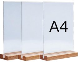 Tafelstandaard A4 met houten voet - 3 stuks, acryl T-stand voor menu's, prijzen en informatie in restaurant, bruiloft of kantoor