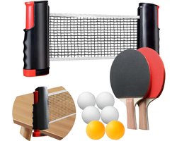 Tafeltennisset - Draagbaar Tafeltennisnet tot 170 cm - Uittrekbaar Tafeltennisnet met Klemmen voor Tafels tot 5 cm - Met 2 Tafeltennisrackets, 6 Ballen en Draagtas - Pingpongset voor Binnen en Buiten