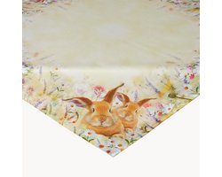 tafeltextiel met print paashazen op de weide Pasen tafeldecoratie 110 x 110 cm