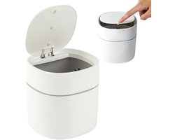 Tafelvuilnisemmer Met Deksel - 2 Liter - Kleine Vuilnisbak Draagbaar - Tafelafvalbakje - Tafelvuilbakje - Bureau Ruimtebesparend - Mini-Vuilnisemmer Geschikt voor Bureau, Kaptafel, Nachtkastje Enz - Wit