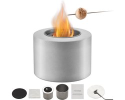 Tafelvuurkorf, Draagbare Betonnen Haard voor Binnen en Buiten, Alcoholbrander voor Smores, met Brandblusserhoes, Cilinder, Lichtgrijs, Brengt Warmte Op Het Terras