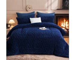 Taffeta Fleece Quilt, Dubbelzijdig Rombus Patroon Winterdeken – Marineblauw – 220x240 cm